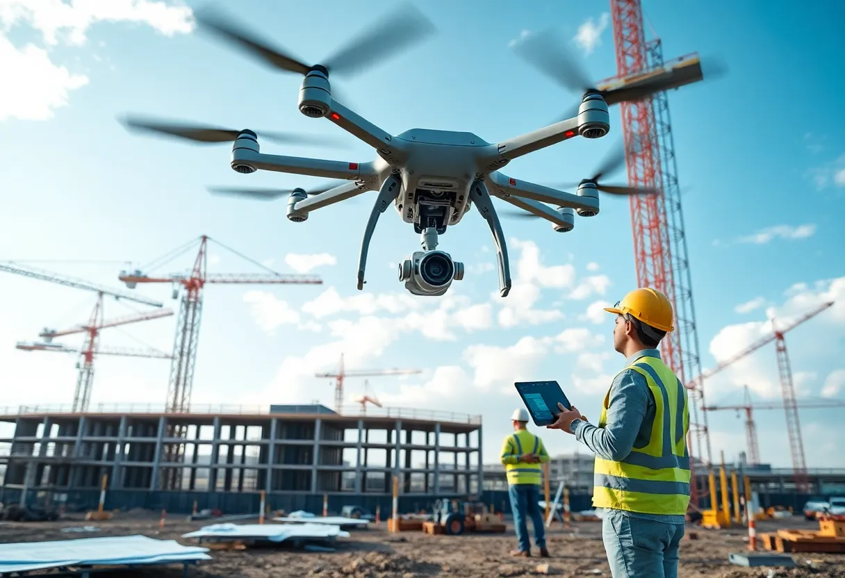 Futuristic construction site utilizing AI technology