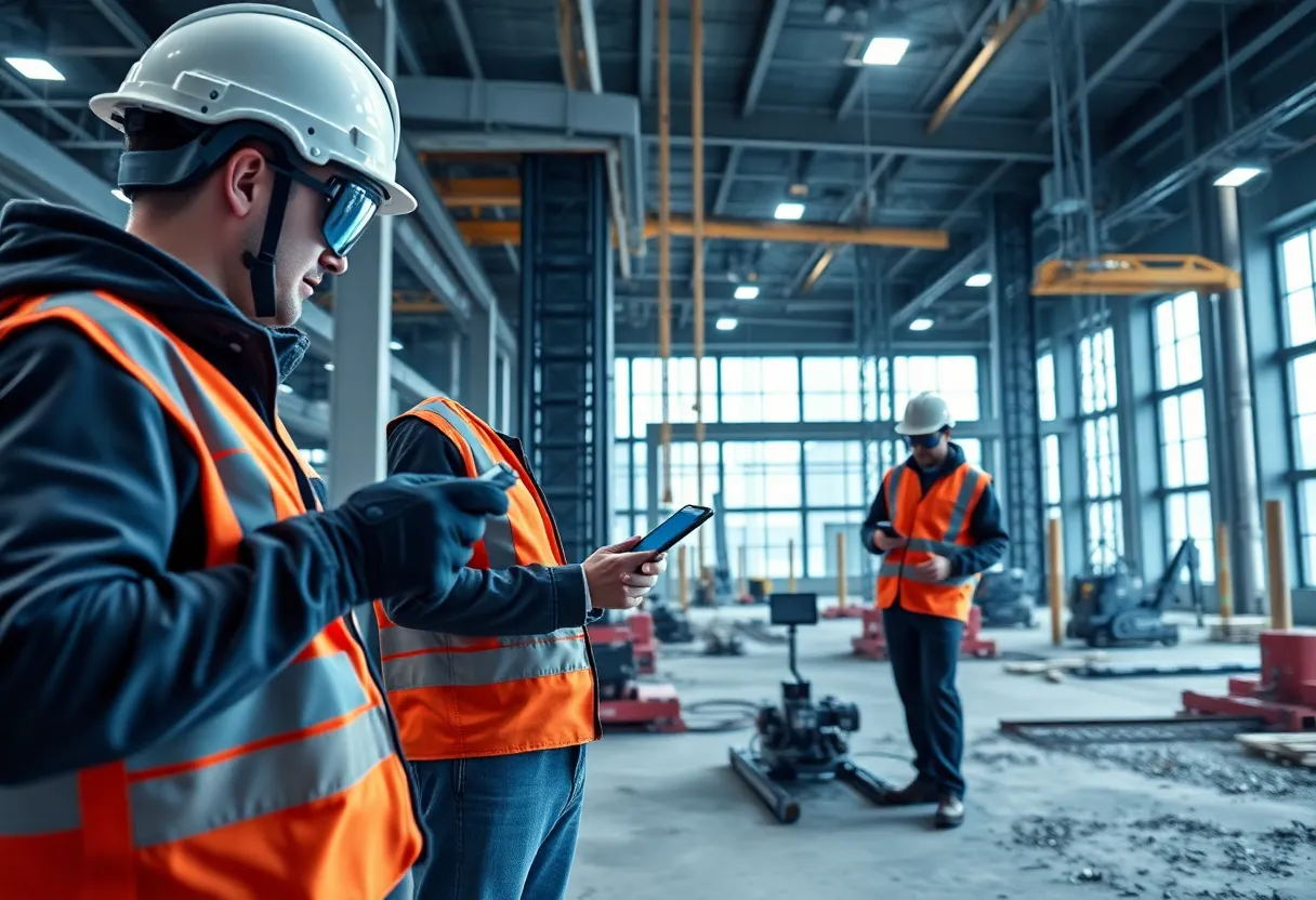 Construction professionals using AI technology on site