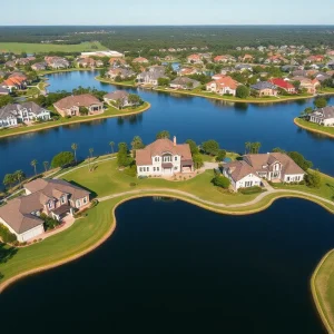 Aerial view of Vivid Shores luxury community in Bonita Springs featuring lakes and homes