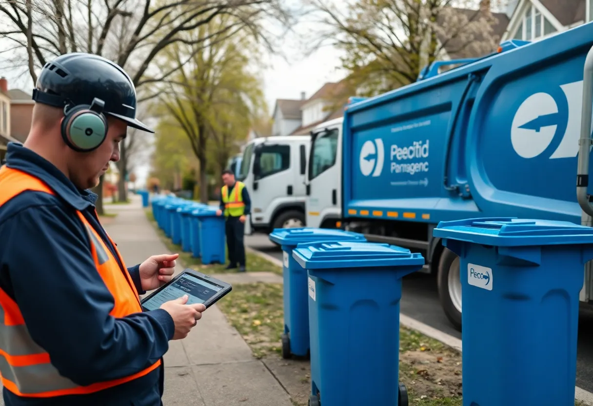 Field technicians using tablets near waste trucks and blue recycling carts on a Calgary street