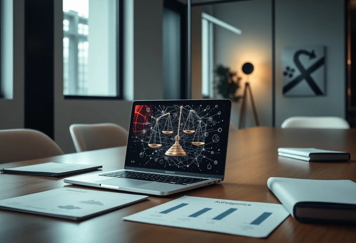 Modern office scene with laptop showing AI visuals and legal icons representing an AI legal assistant and startup expansion